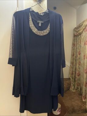 R&M Richards Navy Dress with Beaded Collar and Sheer Jacket